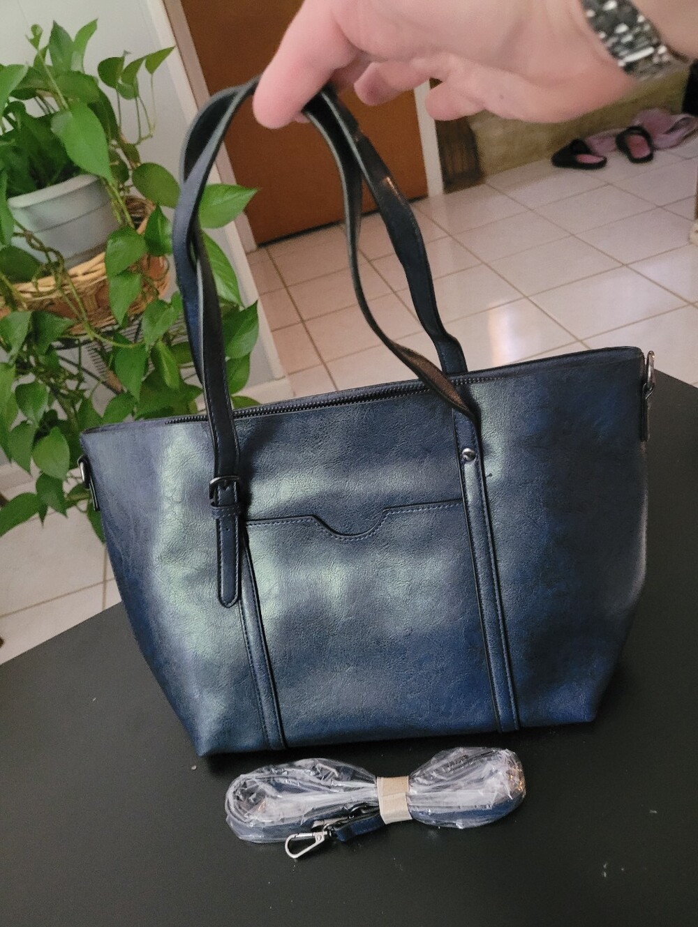 Women's Faux Leather Navy Tote Bag with Removable Strap